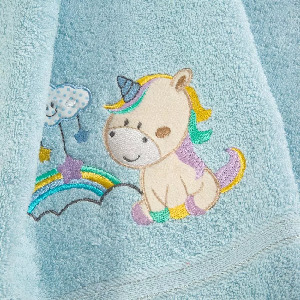 Okrycie kąpielowe niemowlęce 75x75 Baby 34 niebieski jednorożec ręcznik z kapturkiem 350g/m2 Eurofirany