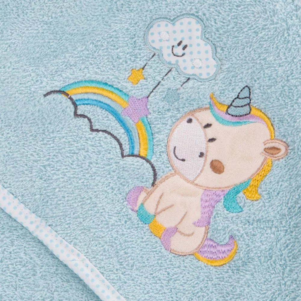Okrycie kąpielowe niemowlęce 75x75 Baby 34 niebieski jednorożec ręcznik z kapturkiem 350g/m2 Eurofirany