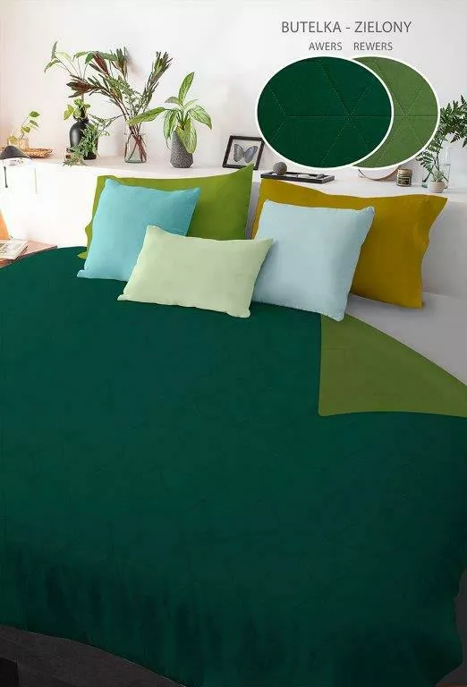 Narzuta dekoracyjna 170x210 Heksagon zielona butelkowa Beddo 004 dwustronna na łóżko