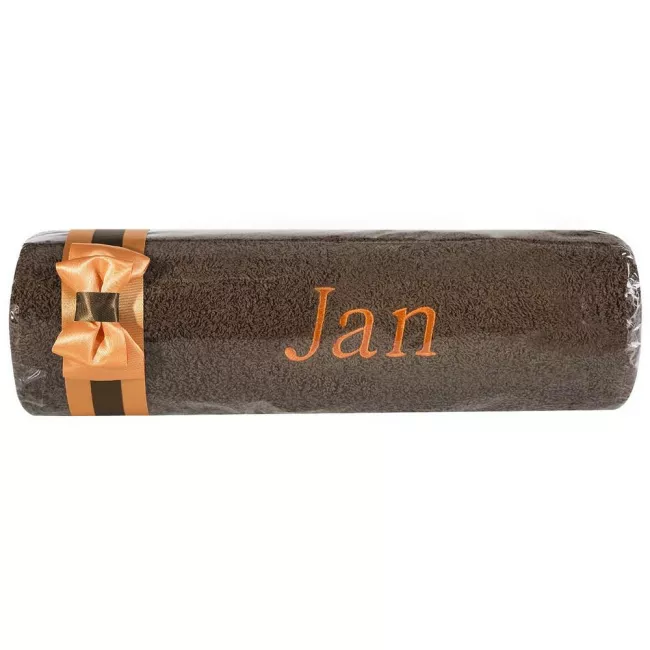 Ręcznik z haftem 50x90 Jan brązowy pomarańczowa kokarda na prezent imieninowy
