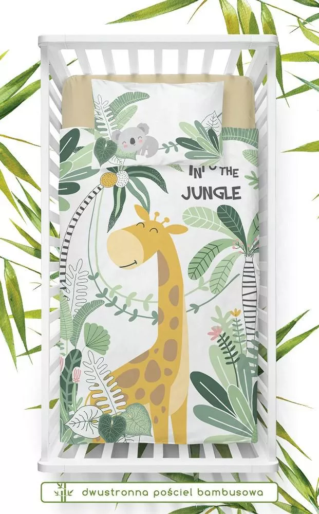 Pościel bambusowa 100x135 Żyrafa żółta 3273 A liście zielone biała dżungla do łóżeczka dwustronna poszewka 40x60