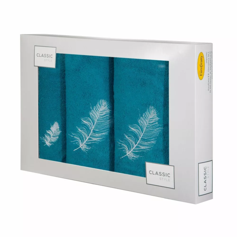 Komplet ręczników w pudełku 3 szt turkusowy srebrny piórka 380g/m2 Nadia Eurofirany