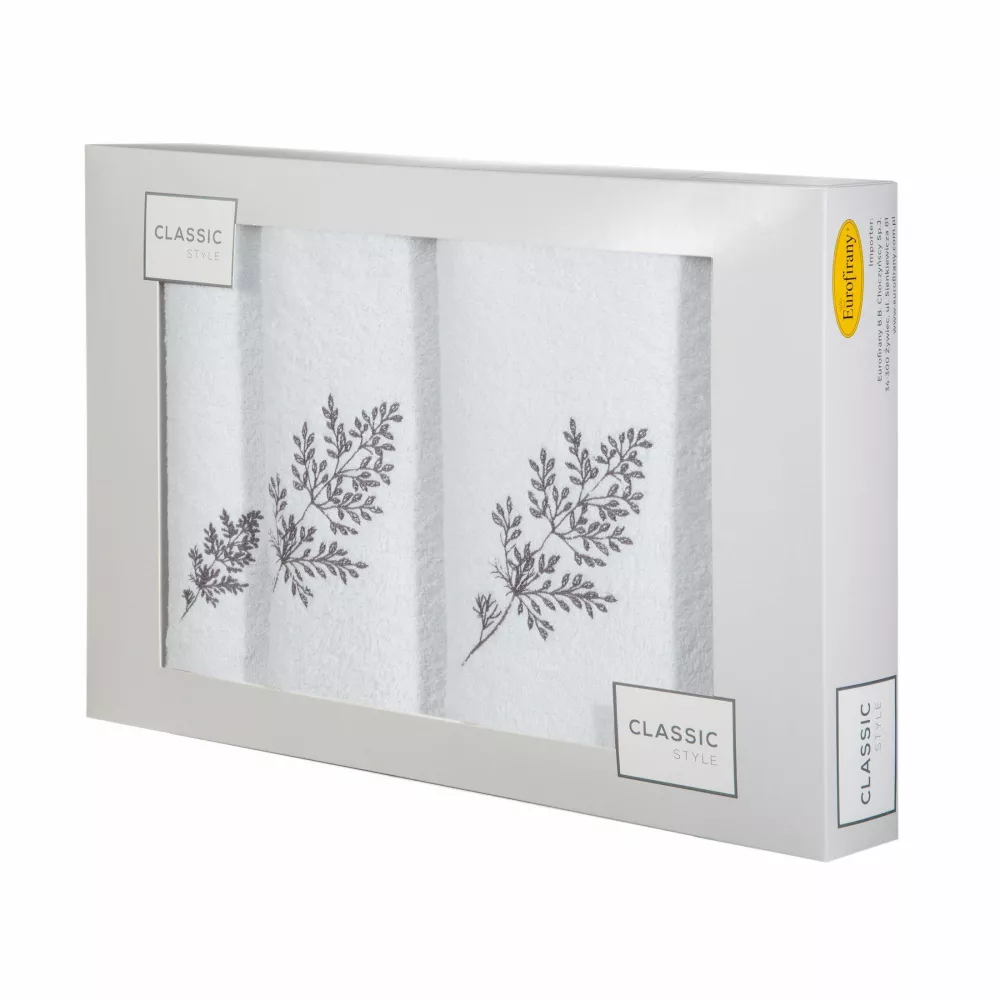 Komplet ręczników w pudełku 3 szt biały grafitowy kwiatki 380g/m2 Kamil Eurofirany
