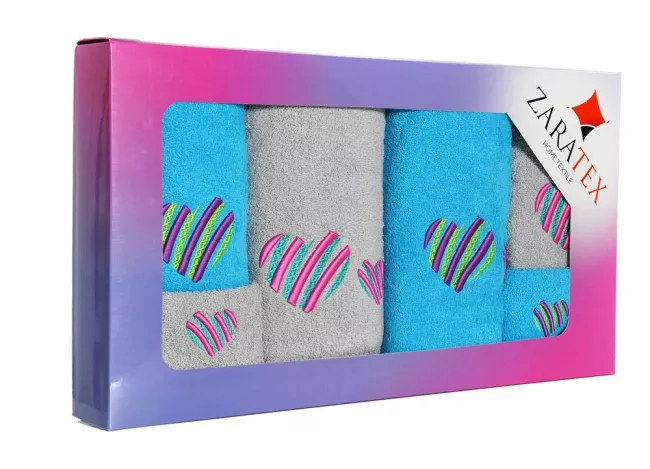 Komplet ręczników w pudełku 6 szt Serduszko serce szary niebieski po 2 szt. 30x50, 50x90, 70x140  400g/m2