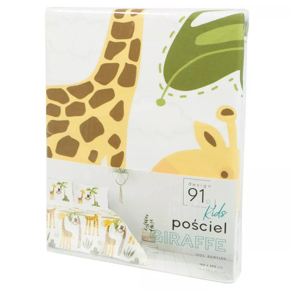 Pościel bawełniana 140x200 zwierzątka żyrafa małpka palmy chmurki biała żółta zielona Giraffe młodzieżowa