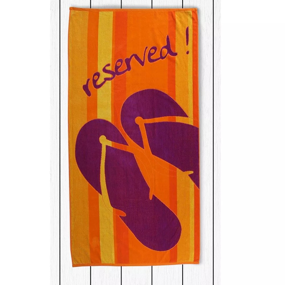 Ręcznik plażowy 90x180 Reservation 0494 Pasy żółte pomarańczowe klapki napis zarezerwowane