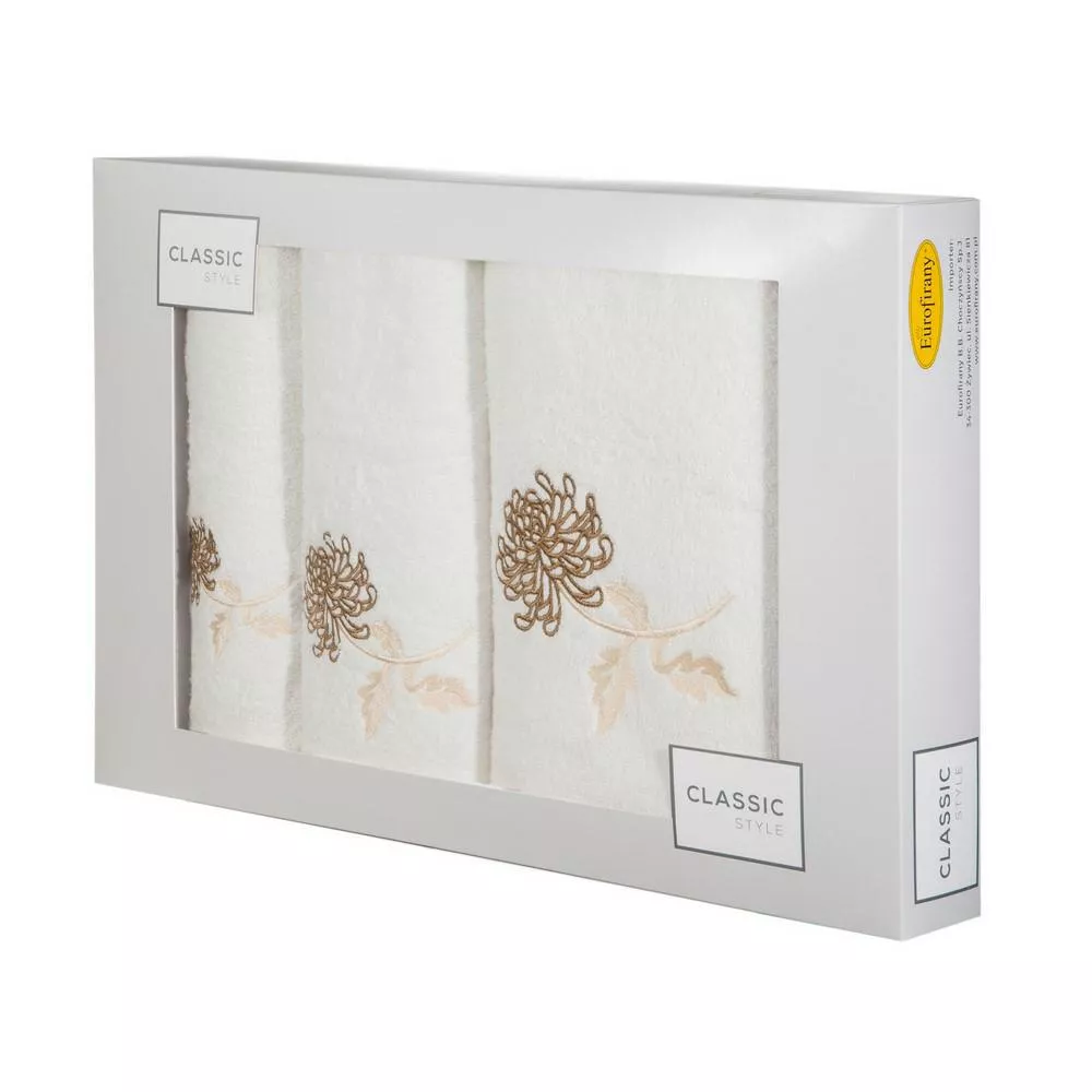 Komplet ręczników w pudełku 3 szt kremowy złoty kwiat gałązka Floris 380g/m2 Eurofirany