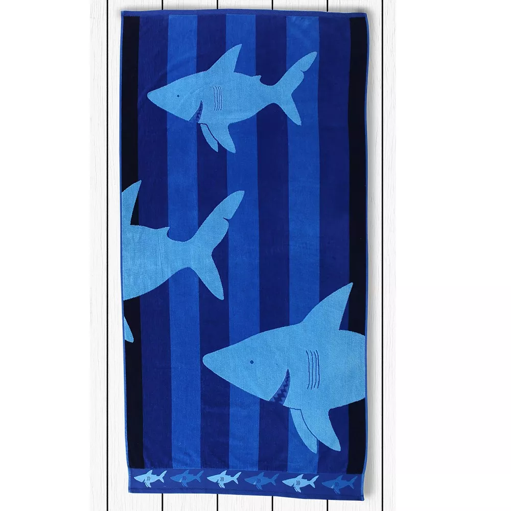 Ręcznik plażowy 90x180 Sharky 0517 Pasy niebieskie granatowe rekinki