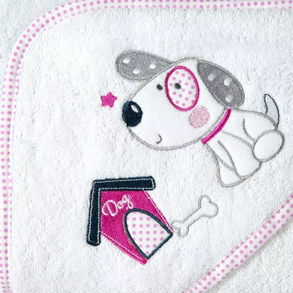 Okrycie kąpielowe niemowlęce 75x75 Baby 28 piesek biały różowy ręcznik z kapturkiem 350g/m2 Eurofirany