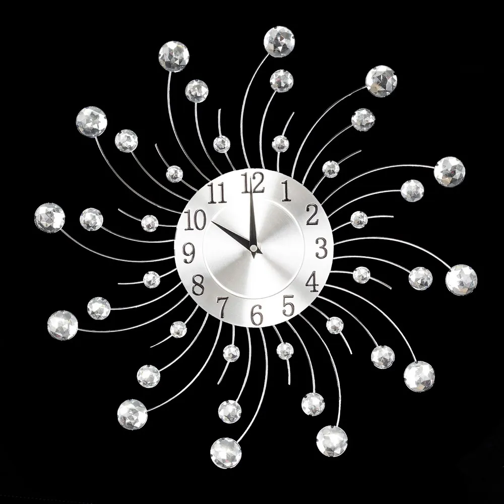 Zegar ścienny 46x46x4 Crystal 05 Słońce srebrny okrągłe kryształy zakrzywione promienie