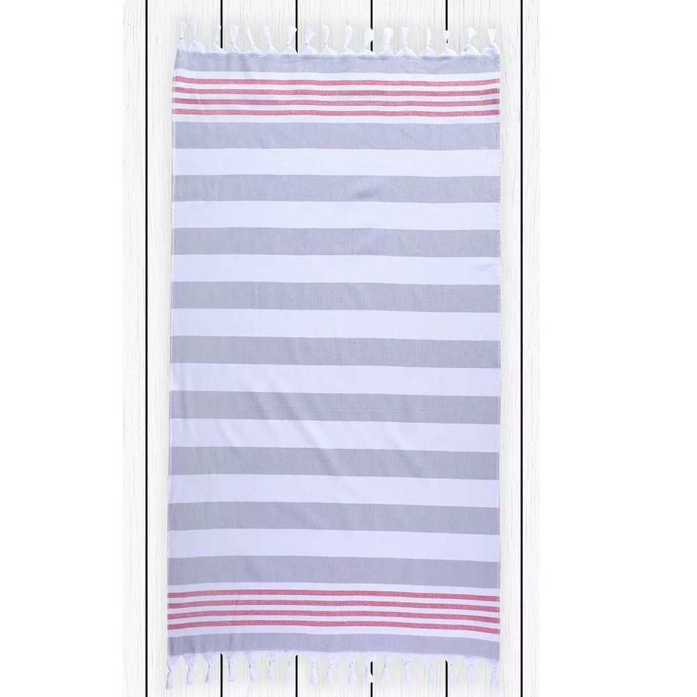 Ręcznik plażowy 90x170 Santorini 0708 Grey pasy szare białe czerwone frędzelki