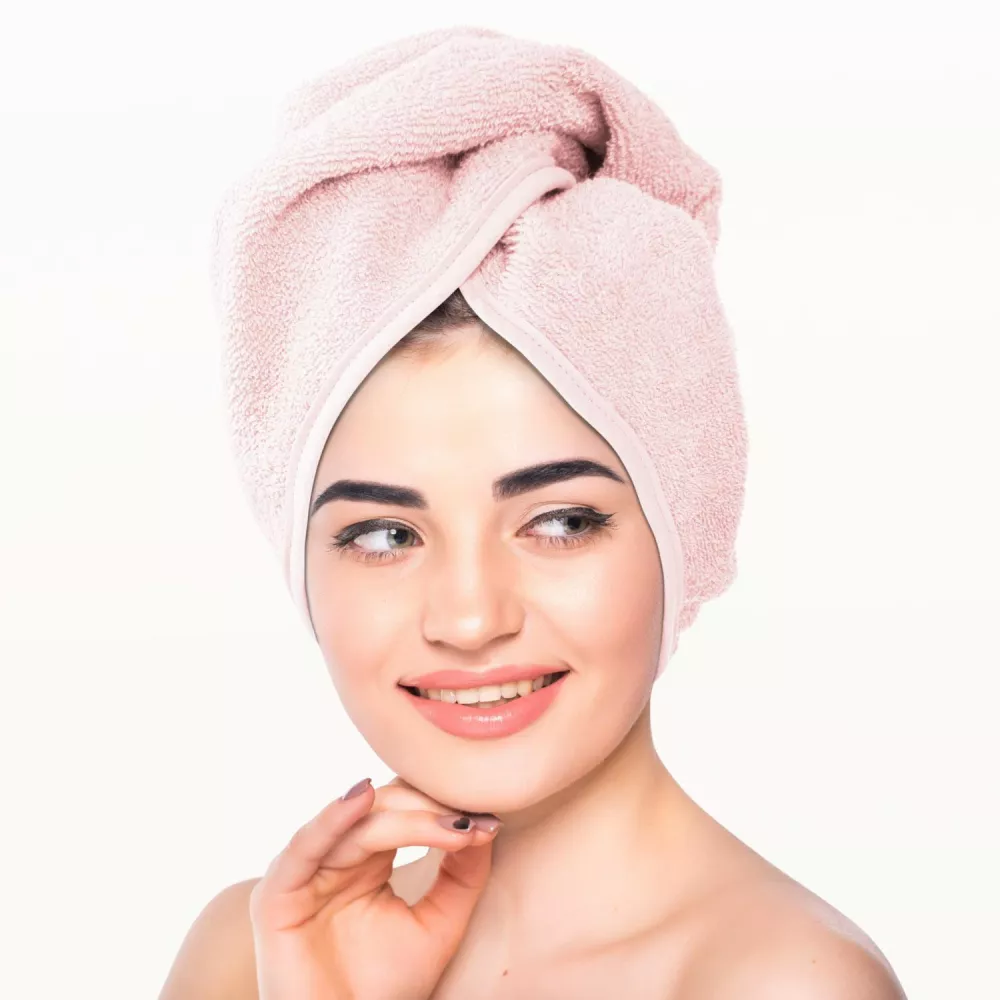 Turban kąpielowy 65x23 pudrowy frotte ręcznik do włosów na głowę