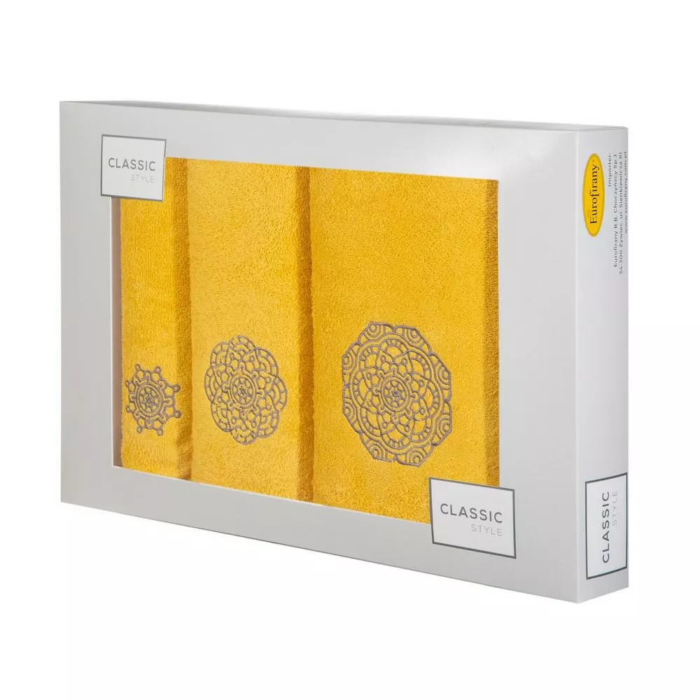 Komplet ręczników w pudełku 3 szt musztardowy grafitowy Mandala 380g/m2 Eurofirany
