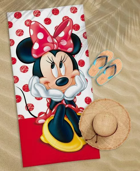 Ręcznik plażowy 70x140 Myszka Mini czerwony w grochy 2580 bawełniany dziecięcy Minnie Mouse