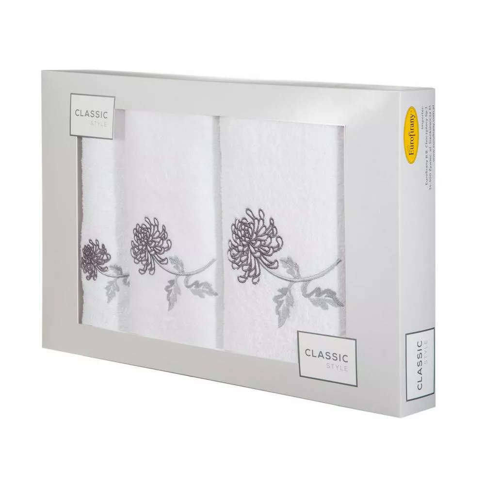 Komplet ręczników w pudełku 3 szt biały grafitowy kwiat gałązka Floris 380g/m2 Eurofirany