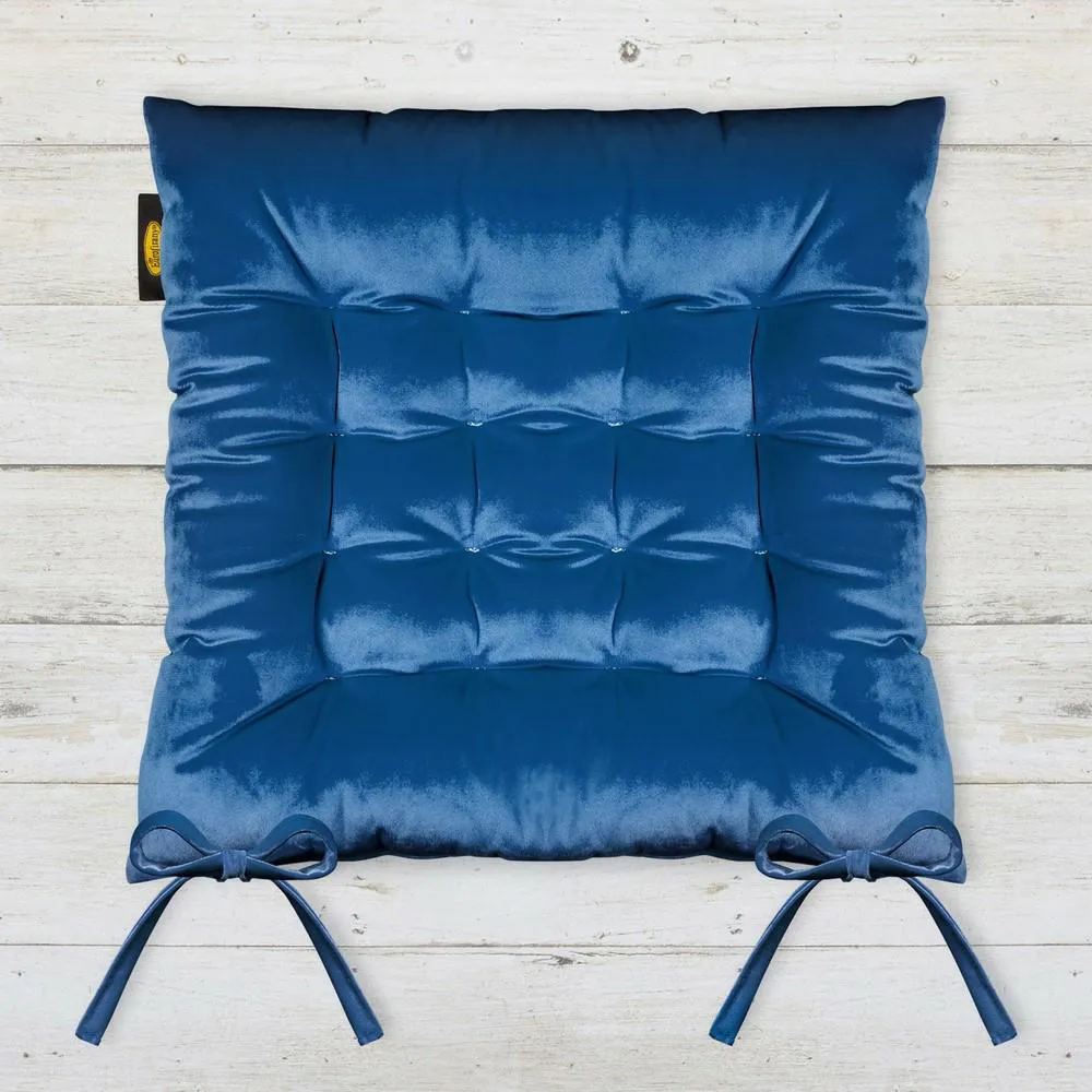 Poduszka siedzisko 40x40x8 Velvet na krzesło granatowa welwetowa z wiązaniem dekoracyjna Eurofirany