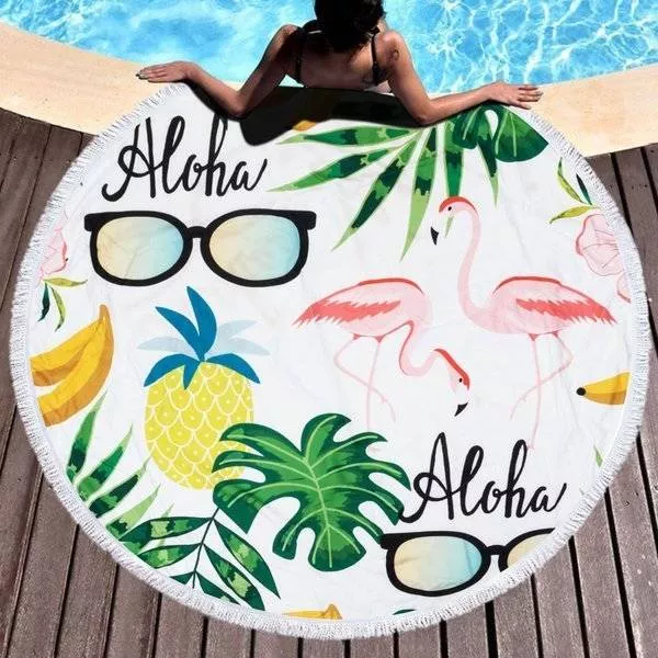 Ręcznik koc okrągły plażowy Boho 17 Aloha wakacje 150 cm mikrofibra 250g/m2 ananas Flamingi okulary liście palmy