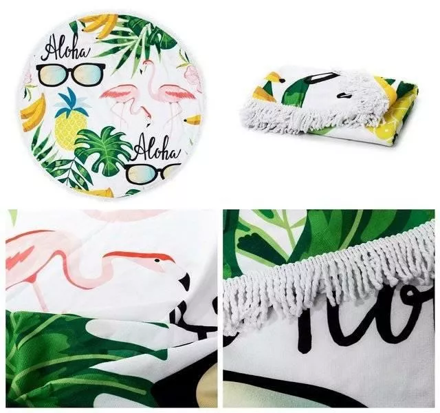 Ręcznik koc okrągły plażowy Boho 17 Aloha wakacje 150 cm mikrofibra 250g/m2 ananas Flamingi okulary liście palmy