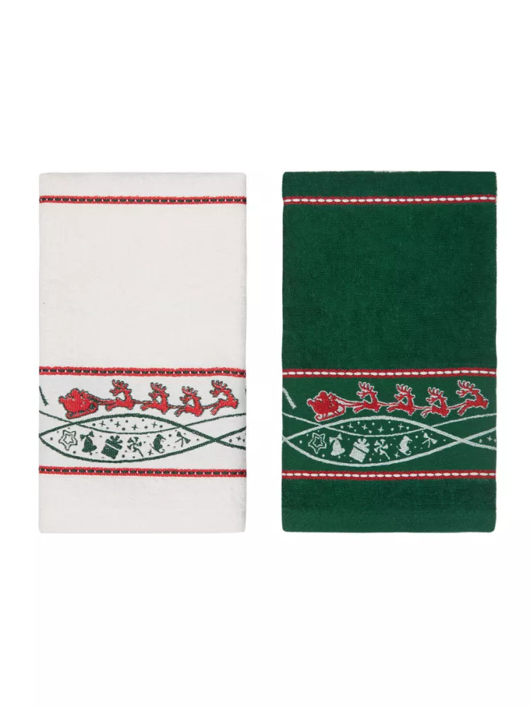 Komplet ręczników 30x50 Christmas 3574 V2 świąteczny 2 szt. biały zielony renifery bawełniany haftowany