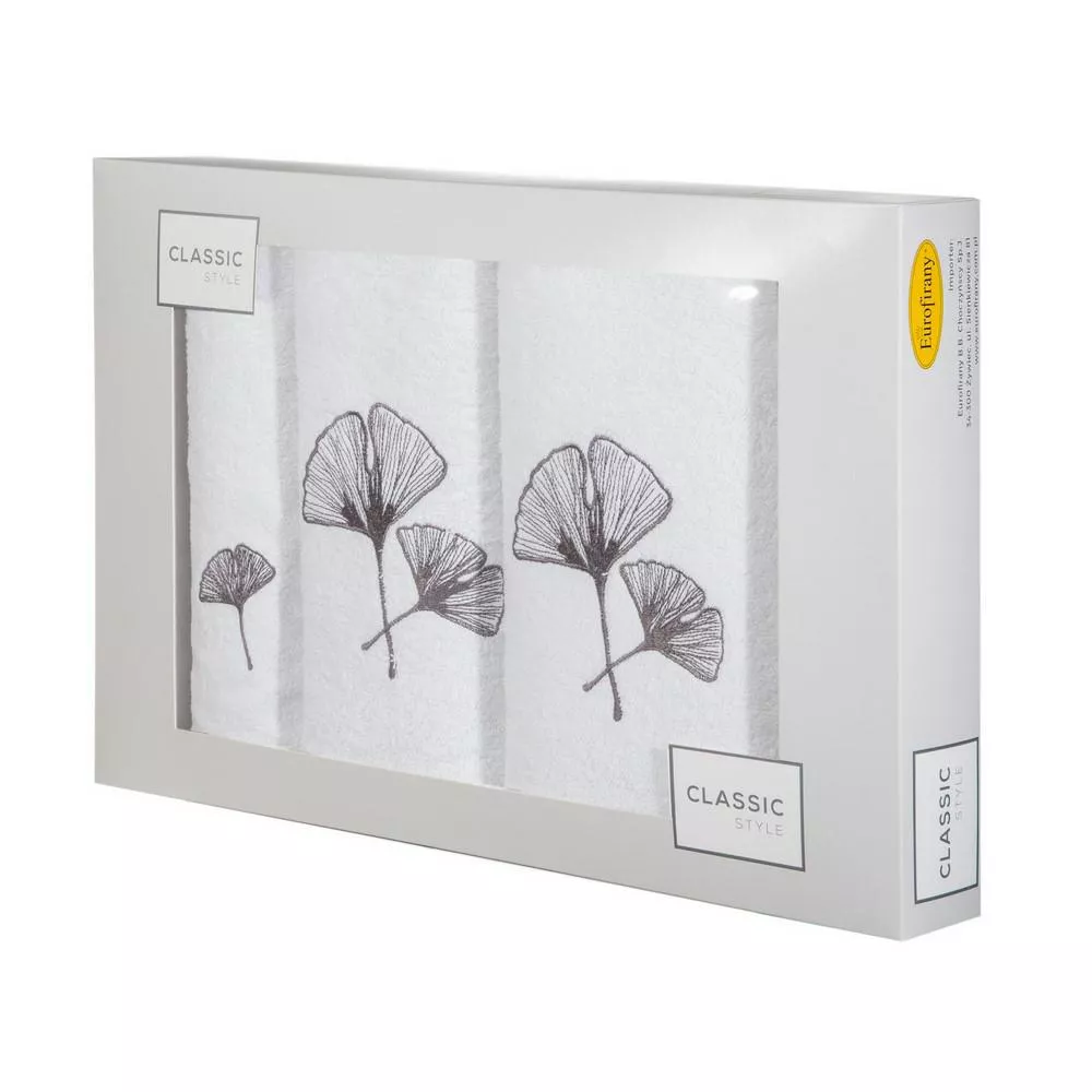 Komplet ręczników w pudełku 3 szt biały grafitowy liść miłorzębu 380g/m2 Biloba Eurofirany