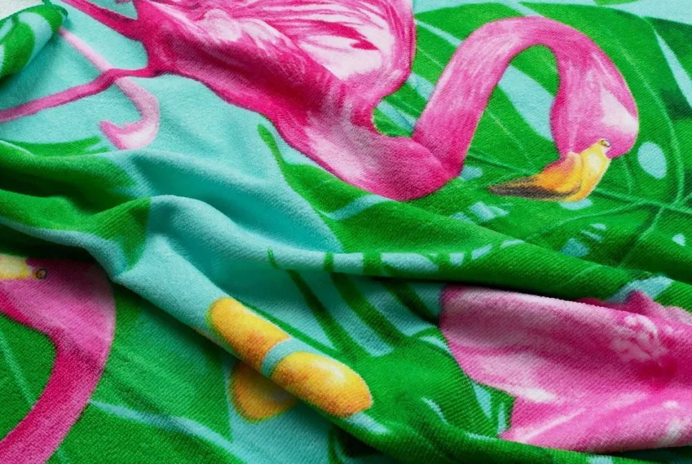Ręcznik plażowy 72x146 duży Monica 21 Flamingi liście palmy błękitny zielony różowy mikrofibra 270g/m2 monstery kwiaty kąpielowy