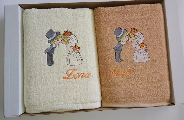 Komplet ręczników Wenus 2szt. 70x140 Młoda Para Mąż Żona kremowy beżowy napis pomarańczowy 1882