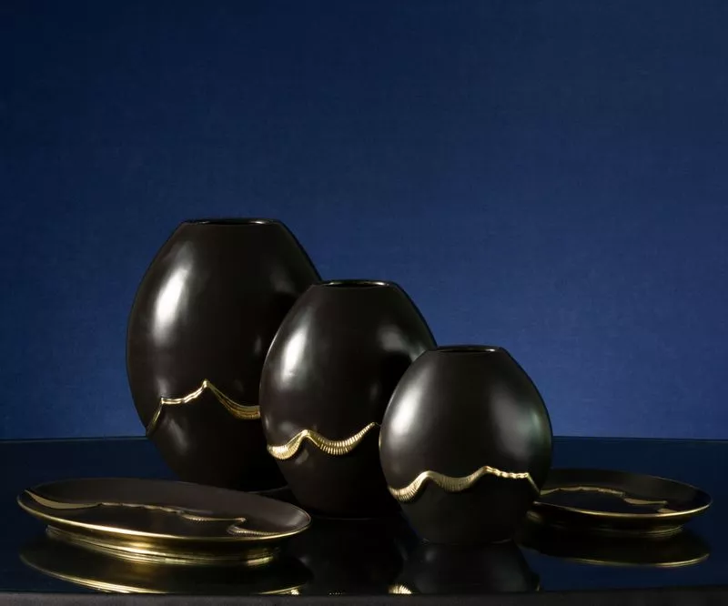 Wazon ceramiczny 14x8x35 Ebru 2 czarny złoty Eurofirany