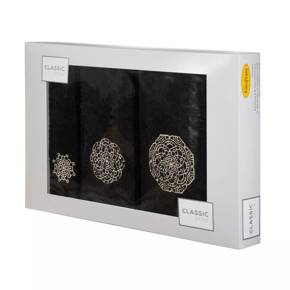 Komplet ręczników w pudełku 3 szt czarny szampański Mandala 380g/m2 Eurofirany