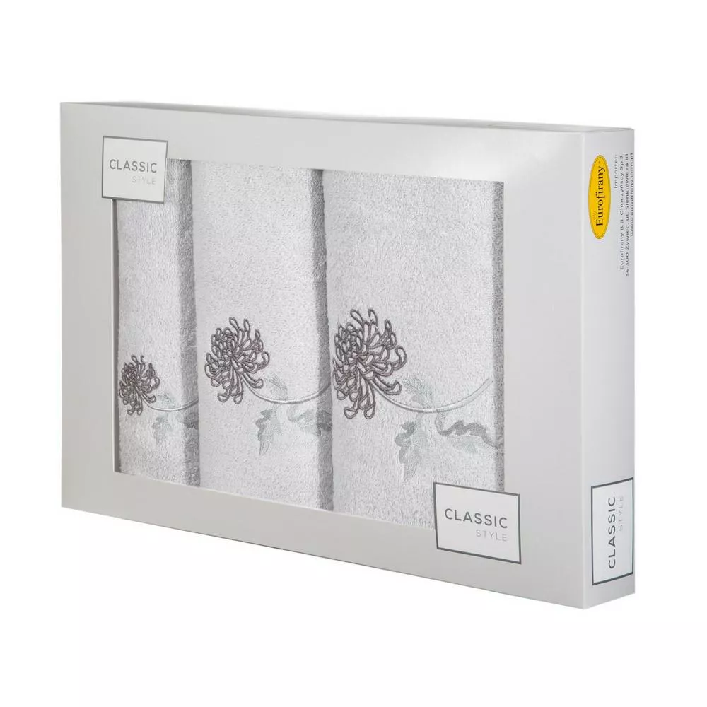 Komplet ręczników w pudełku 3 szt srebrny grafitowy kwiat gałązka Floris 380g/m2 Eurofirany