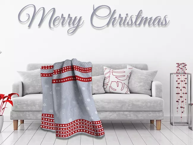 Koc bawełniany akrylowy 150x200 17413 B świąteczny Merry Christmas renifery śnieżynki szary czerwony