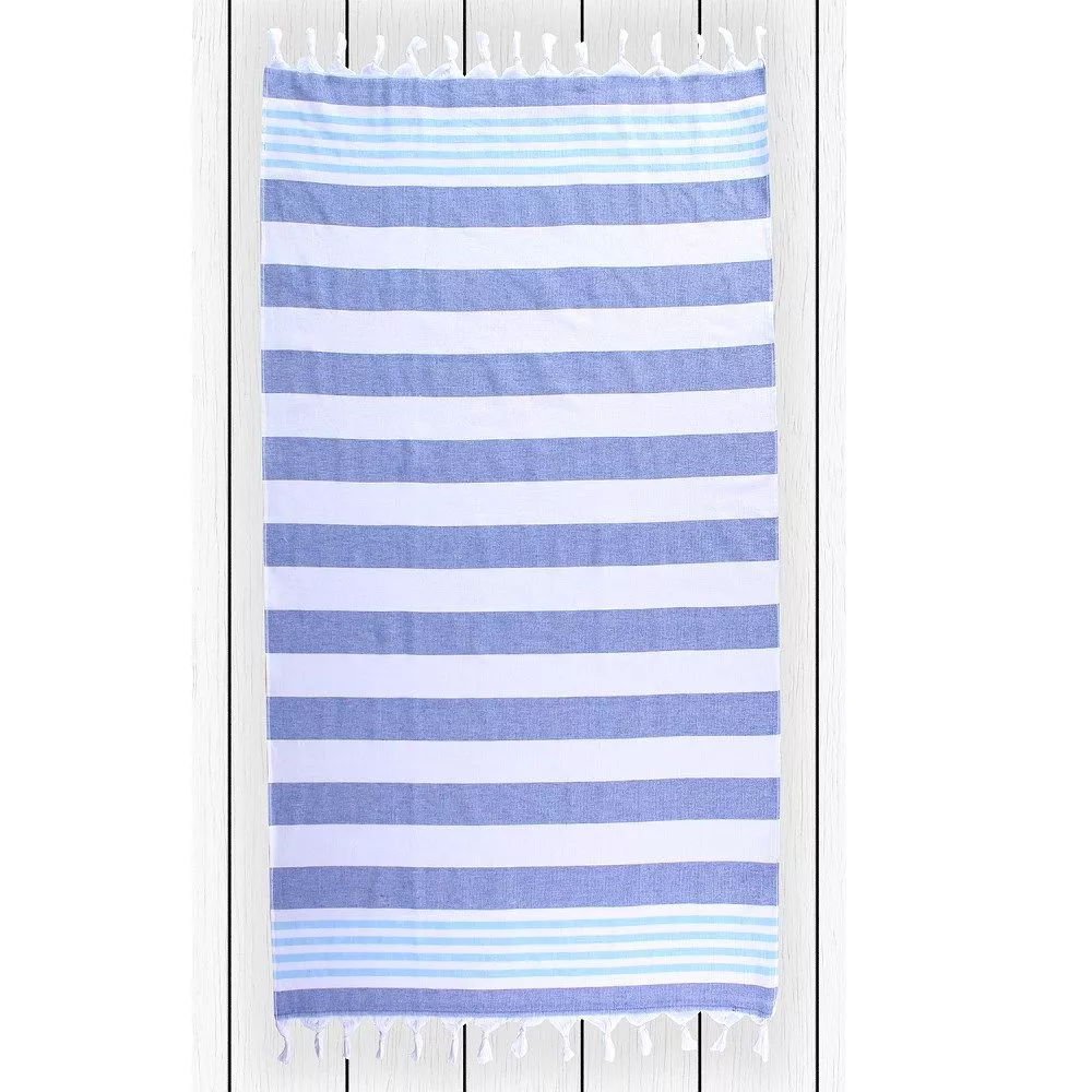 Ręcznik plażowy 90x170 Santorini 0722 D.Blue pasy niebieskie białe zielone frędzelki