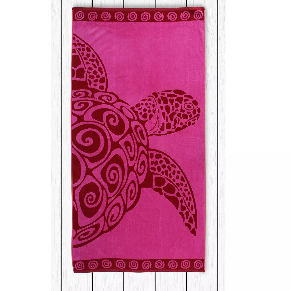 Ręcznik plażowy 90x180 Pinkturtle 0456 Różowy żółw spirale pasy czerwone