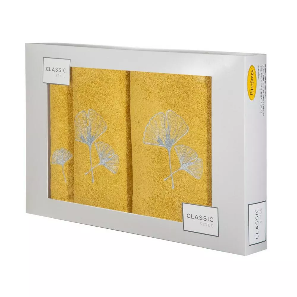 Komplet ręczników w pudełku 3 szt musztardowy srebrny liście miłorzębu 380g/m2 Biloba Eurofirany