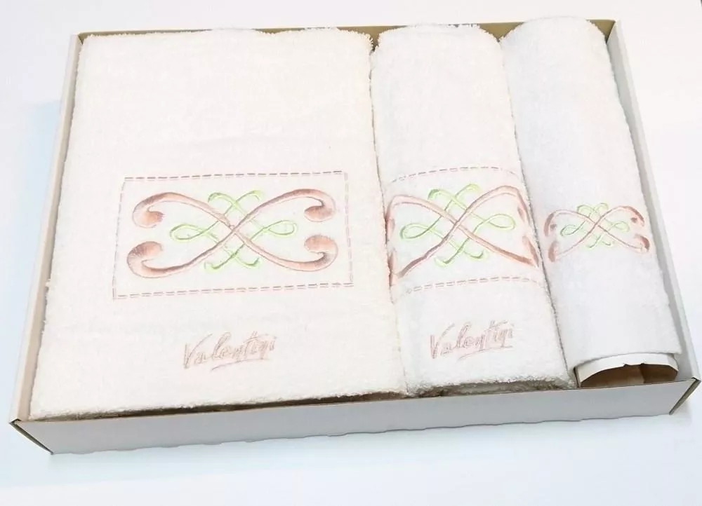 Komplet ręczników Valentini 3 szt biały z haftem różowy brudny seledynowy 30x50 50x100 70x140
