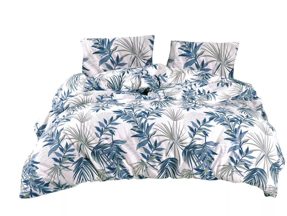 Pościel bawełniana 160x200 Tropical biała niebieska liście palmy Cottonlove Exclusive 4