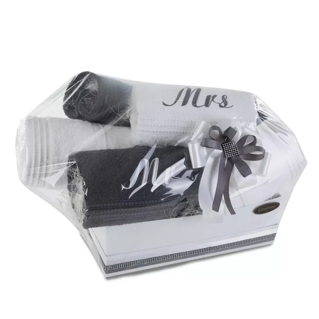 Komplet ręczników 6szt T/0296 biały grafitowy Mr Mrs zestaw upominkowy w pudełku Mela na prezent Eurofirany
