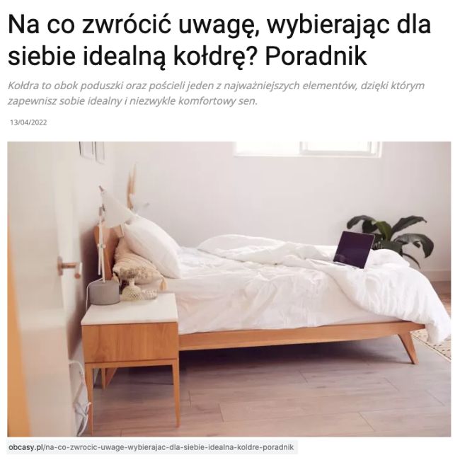 Artykuł na temat kołder opublikowany na obsacy.pl
